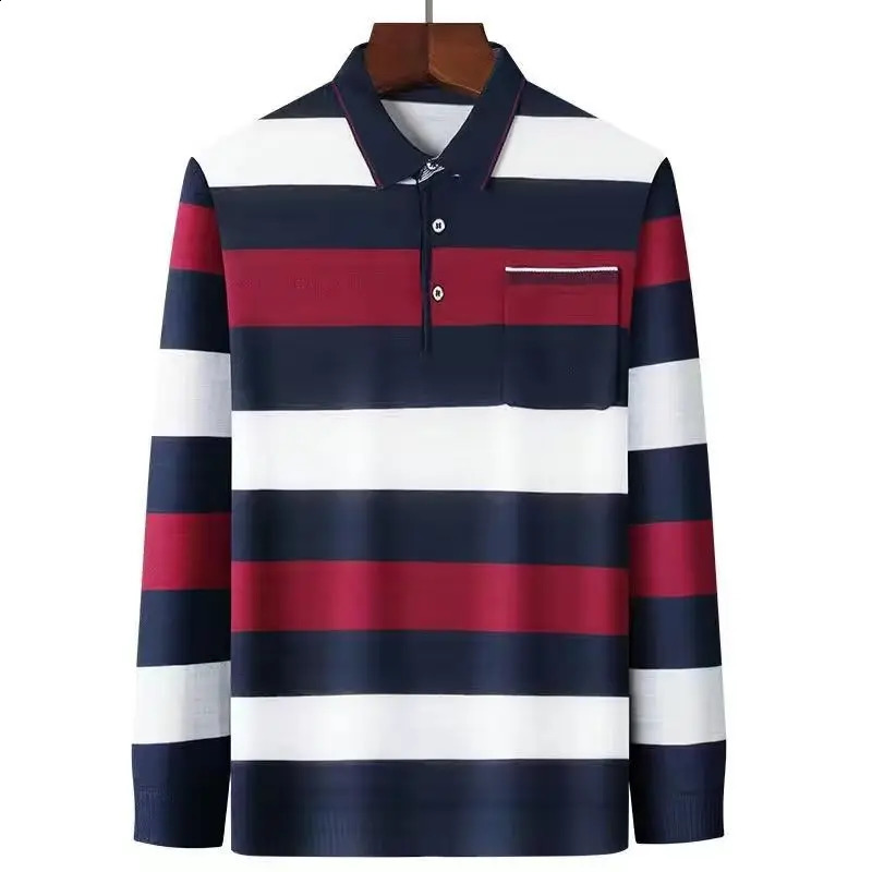 Spring and Autumn Fashion Lapel Stripe Button Pocket Trend Contrast Color Long Sleeve Business Casual Versatile POLO Shirt 240820