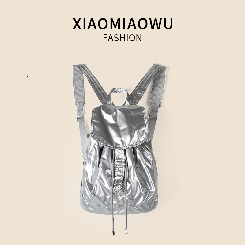 Korean version shiny silver drawstring high-end feel, light travel large capacity backpack, university women's minimalist