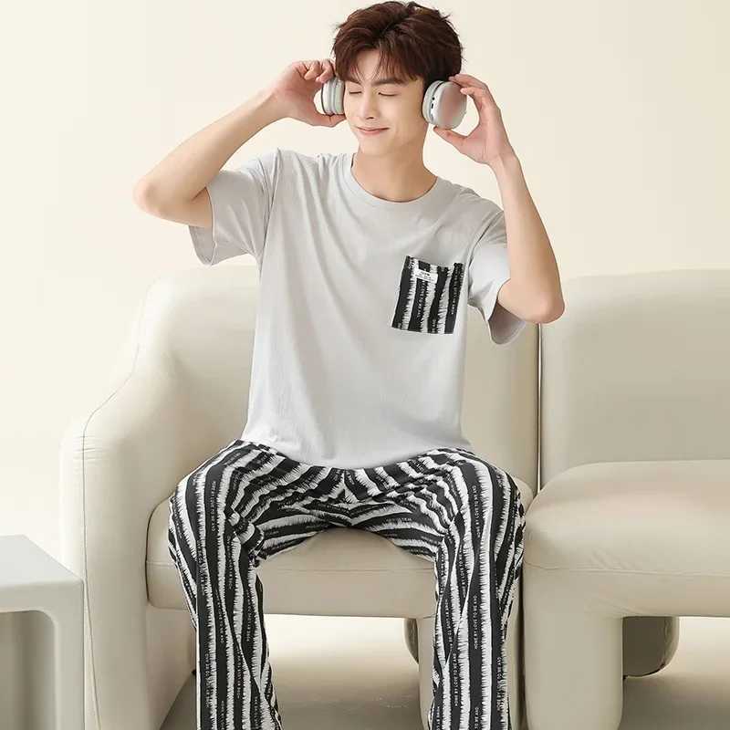 Mens summer short sleeved pajamas thin cotton linen jackets home wear lightweight wrinkle resistant casual pajamasW240719