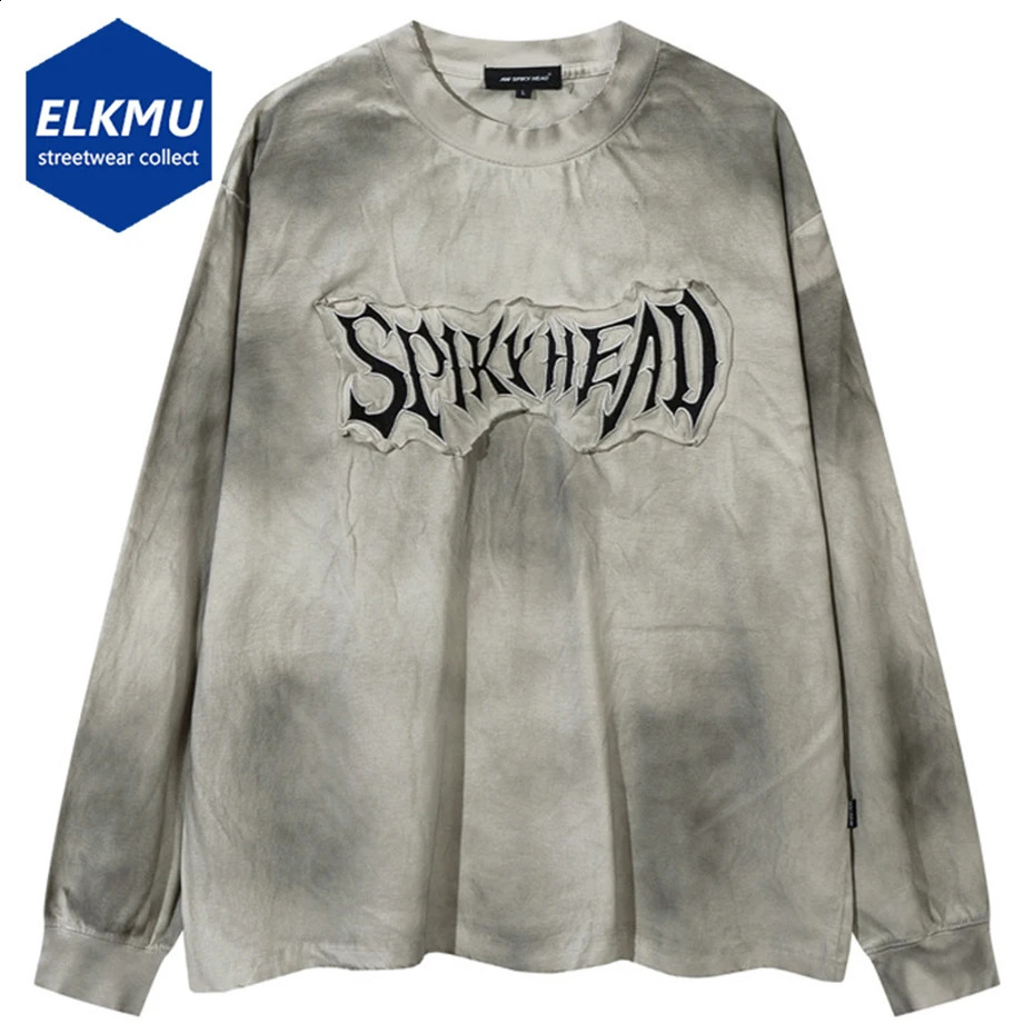 Hip Hop Harajuku T Shirts Dirty Tie Dye Loose long Sleeve T-shirt Men Streetwear Oversized Tee Casual Cotton Tshirt for Male 240820