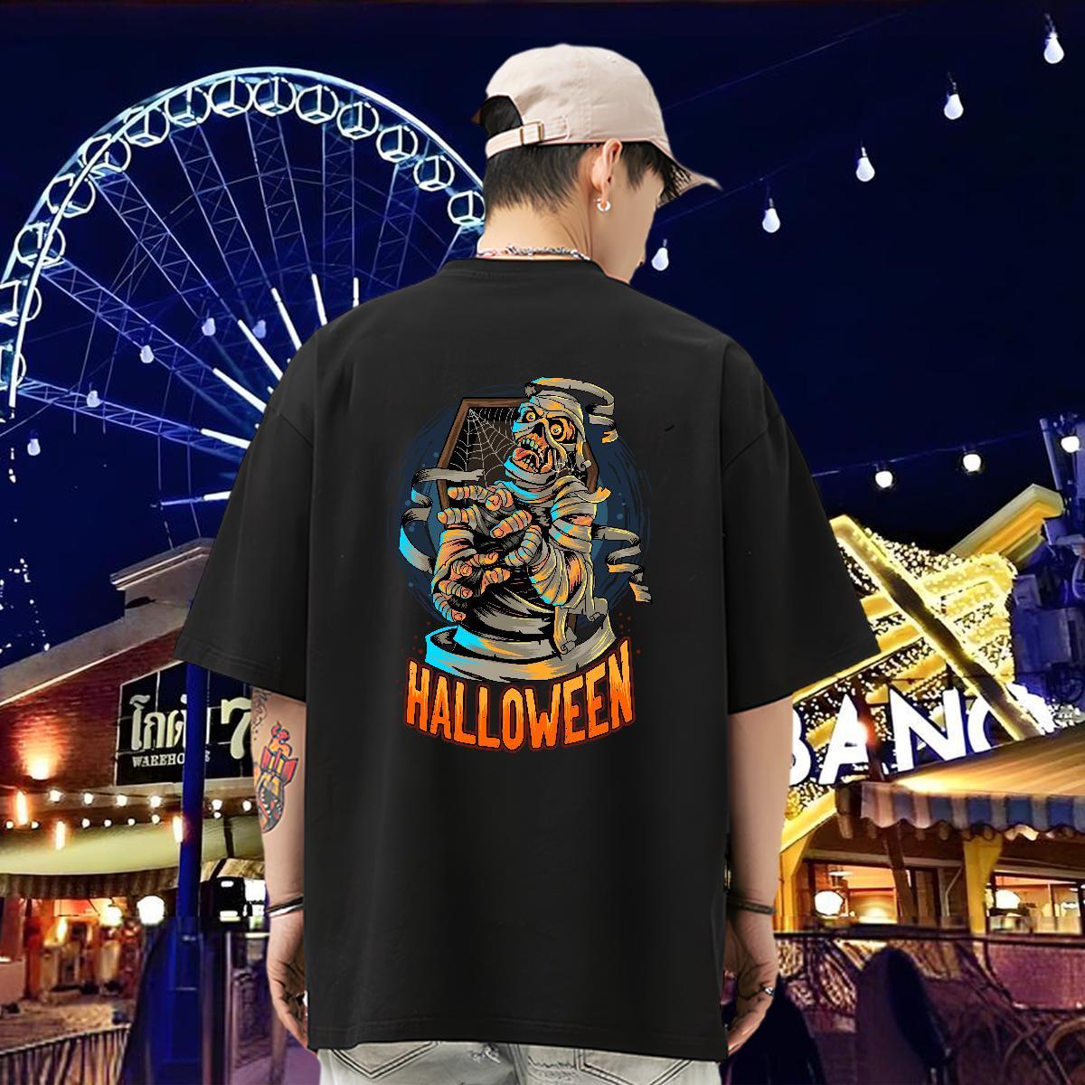 Fashion Men Clothes T-Shirt Halloween Hip Hop Street 100% Cotton 230g Wear Short Sleeve O-Neck Comfortable T Shirt For Man Oversized 4XL