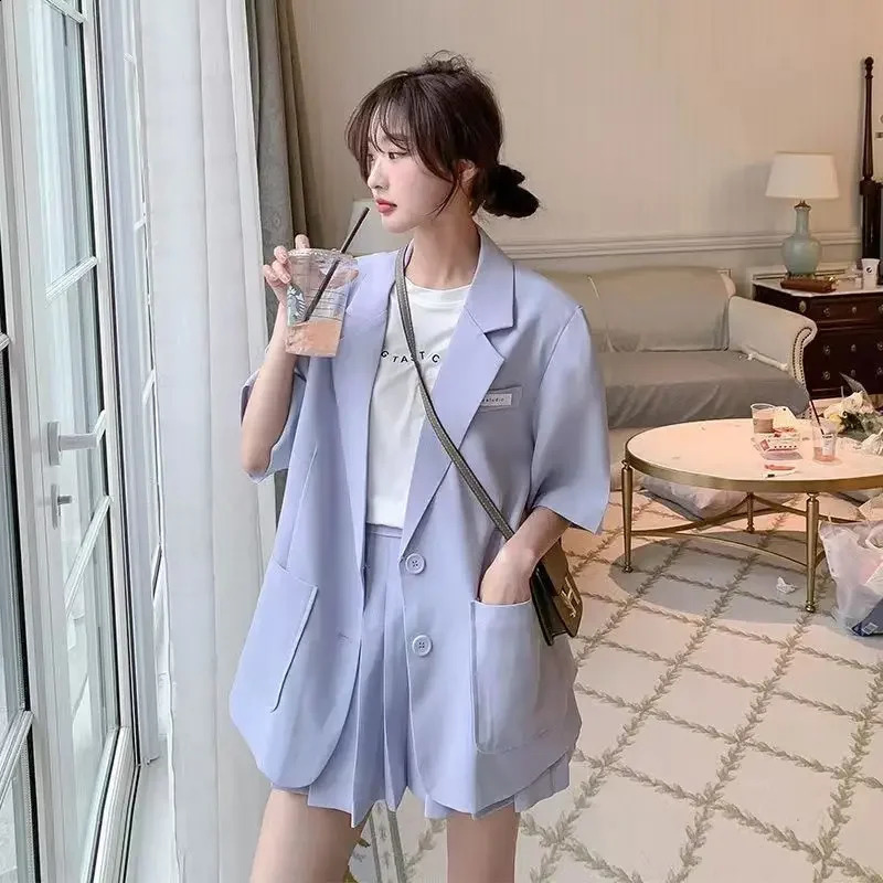 Womens Short Pants Sets Loose Office Pink Blazer and Shorts Suit for Woman Summer Sleeve Green Clothing with Jacket Full 240820