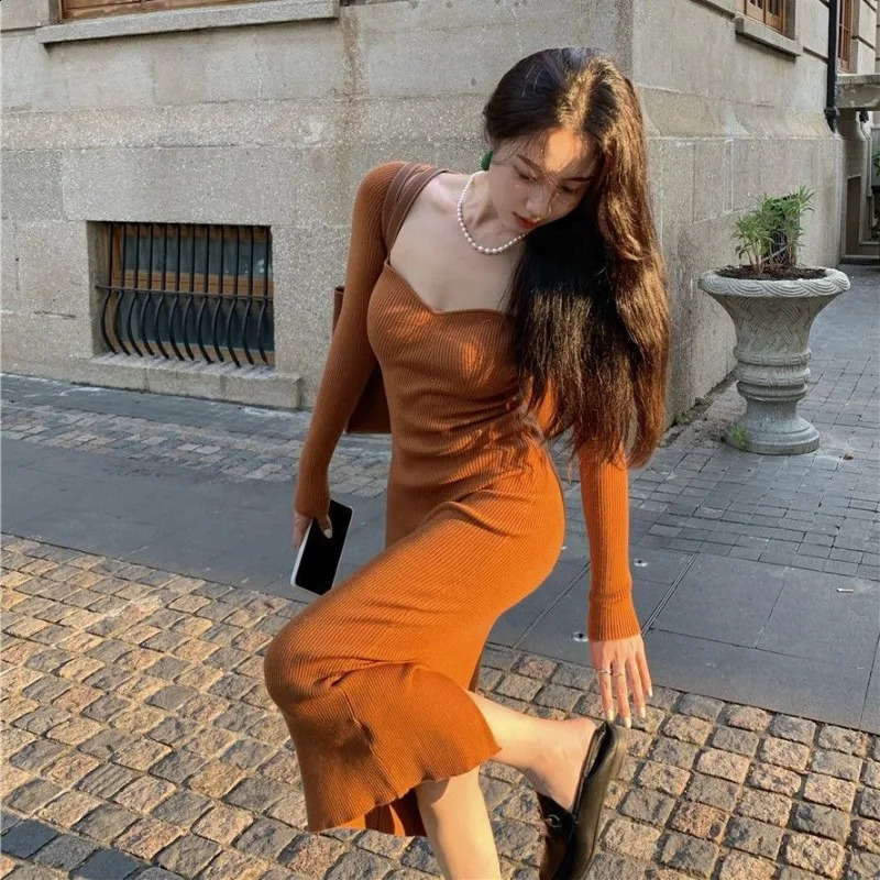 Knit Dress For Women Square Collar Long Sleeve Slim Solid Color Autumn Sexy Streetwear Party Women Winter Long Dress 240819