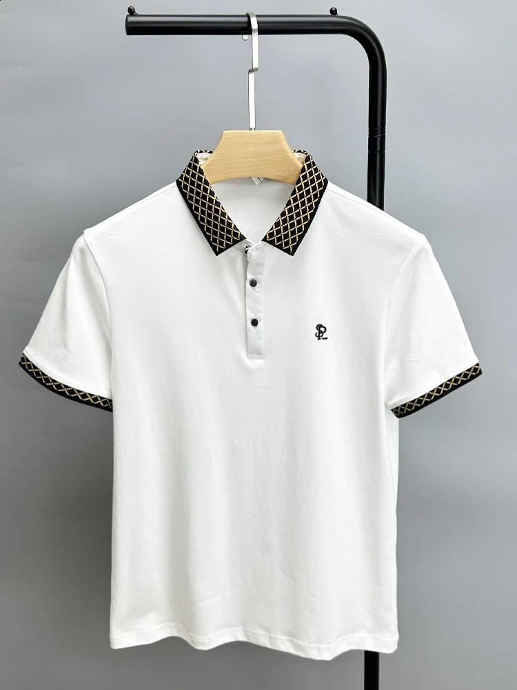 fashionable plaid lapel short sleeved polo shirt for mens summer high-end cotton comfortable breathable T-shirt men 240820