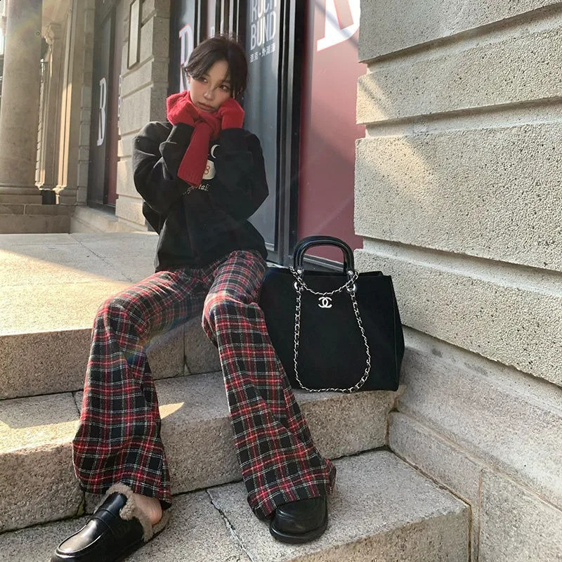 Deeptown Y2K Red Plaid Pants Women Korean Fashion Streetwear Wide Leg Flare Sweatpants Spring Oversize Harajuku Vintage Trousers 240819