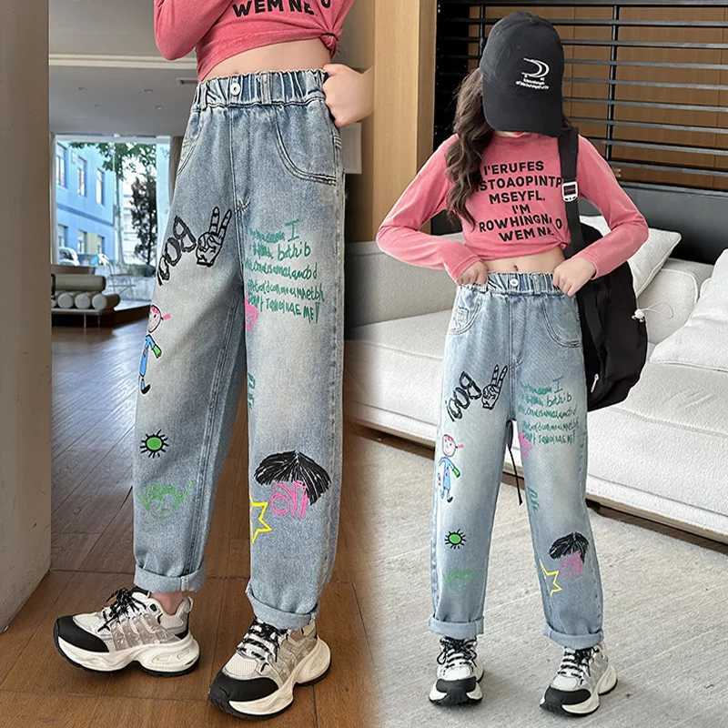 Girls pants printed denim wide leg pants suitable for middle-aged and elderly girls fashionable straight leg pants for 5-14 years oldW240819