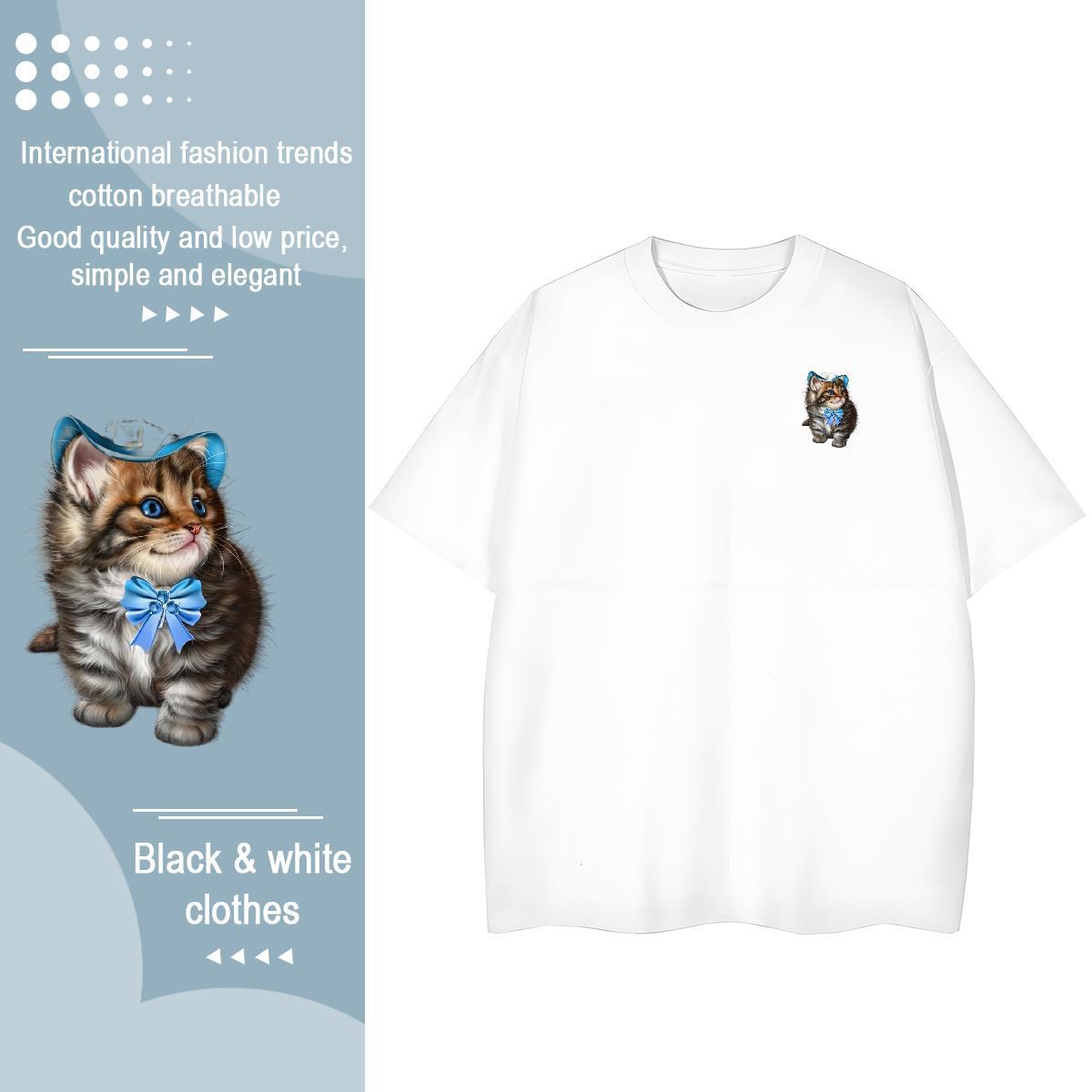 Casual New Couples T Shirts cat Street 230g Pure Cotton Wear Breathable Crew Neck Free Shipping T Shirts Men Black Oversized