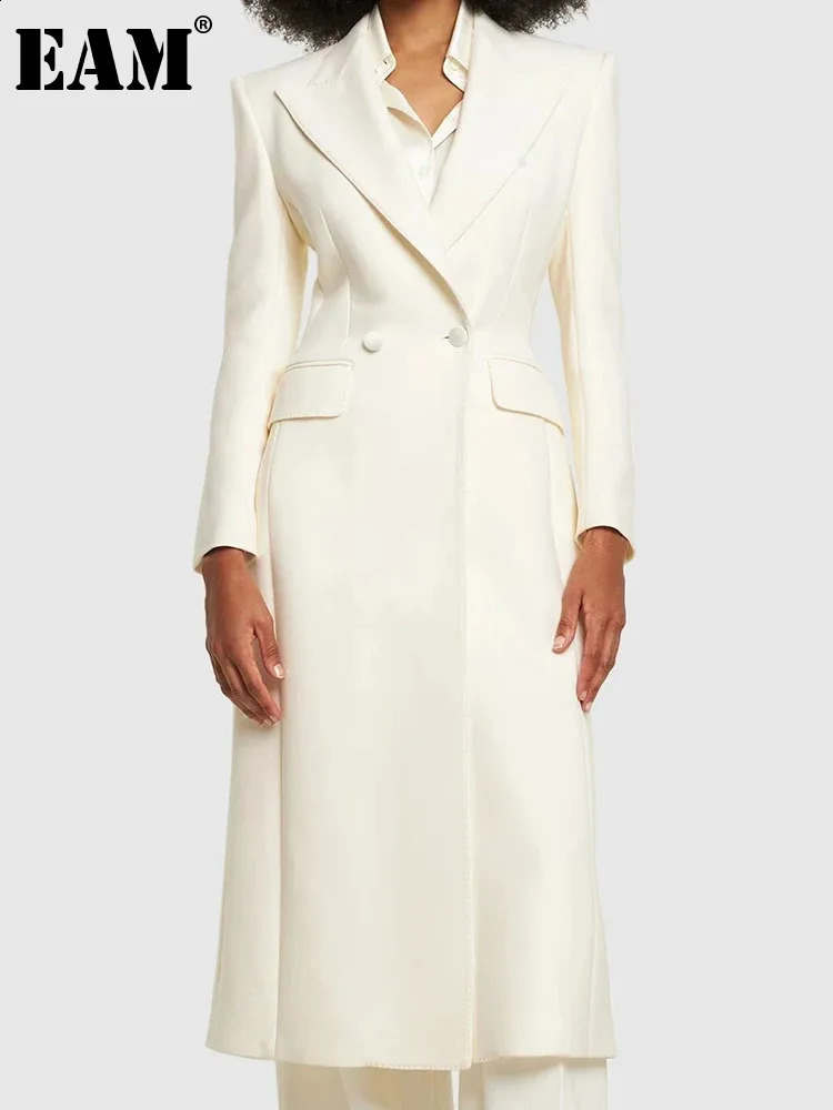 EAM Womens Beige Slimming Elegant Midi Jacket Style Collar Long Sleeve Waist Fashion Trend Spring and Autumn 1LD1881 240819