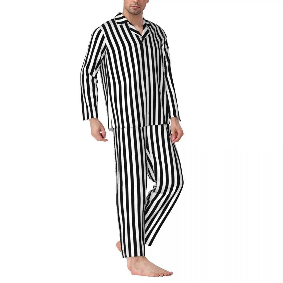 Black and white striped pajamas with spring vertical line printing casual oversized pajamas set mens long sleeved fashionable home setW240719