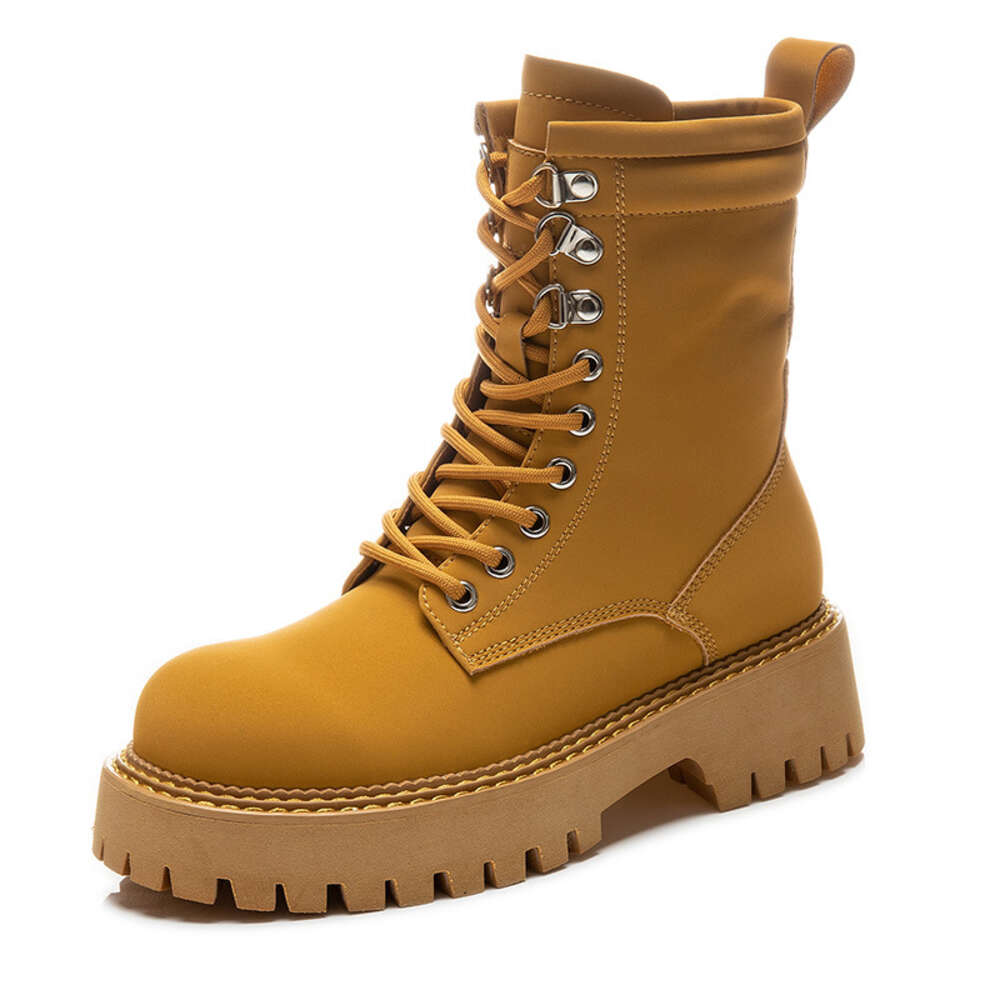 Ddmysports Genuine Leather Yellow Winter New Heels Thick Soles Martin Women S Casual And Versatile Short Boots For OUTDOOR