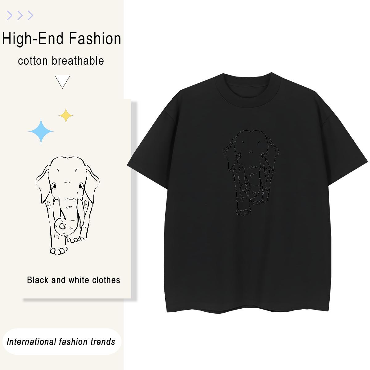 Factory Direct Women Tees Daily Wear Crew Neck Breathable Tee Shirt 5A 100% Cotton 230g Elephant Cartoon Print Woman T Shirts