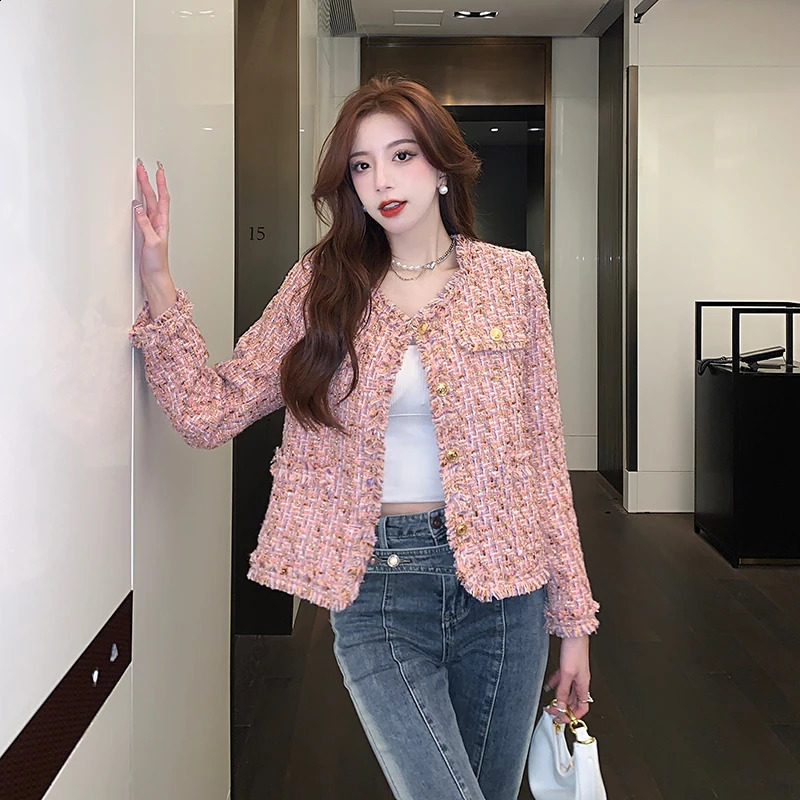 autumn winter retro pink tweed woven jacket womens small perfume Korean tassel wool coat elegant 240819