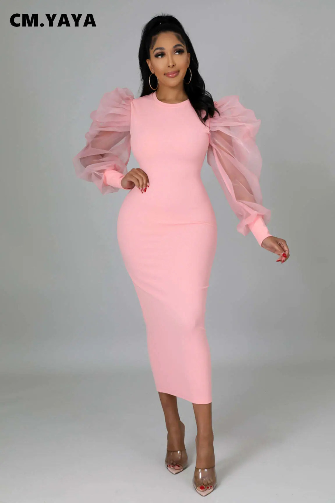 CM.YAYA Women Mesh Puff Long Sleeve O-neck Bodycon Midi Maxi Long Dress Vestidos Vintage Club Evening Sexy Party Dresses 240819