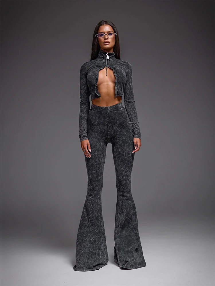 CNYISHE Zipper Suits Casual Women Sets Long Sleeve Turn-down Collar Streetwear Sexy Club Slim Fashion Female 2-piecesTopsPants 240813