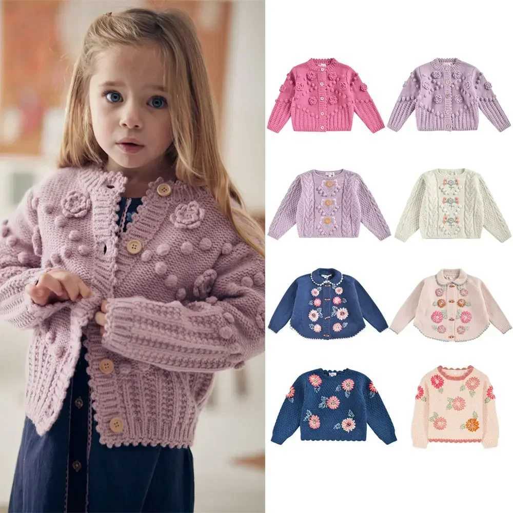 Kids Sweater 2024 Autumn/Winter New LM Girls Flower Embroidered Sweater Long Sleeve Cardigan Sweater Embroidered PantsXJ240819