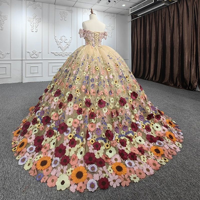 Mexican Champagne Shiny Quinceanera Dresses Pearl Color Applique Tull Birthday Party Princess Sweet 16 Ball Gowns Vestidos 15 XV Anos
