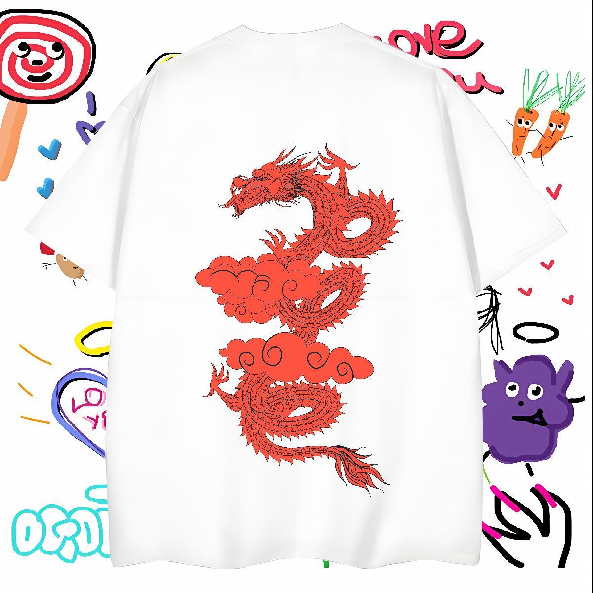 T-Shirts 100% Cotton 230g dragon Beach Crew Neck DIY Men Tops Tees Fashion Loose Fit Tees Shirts