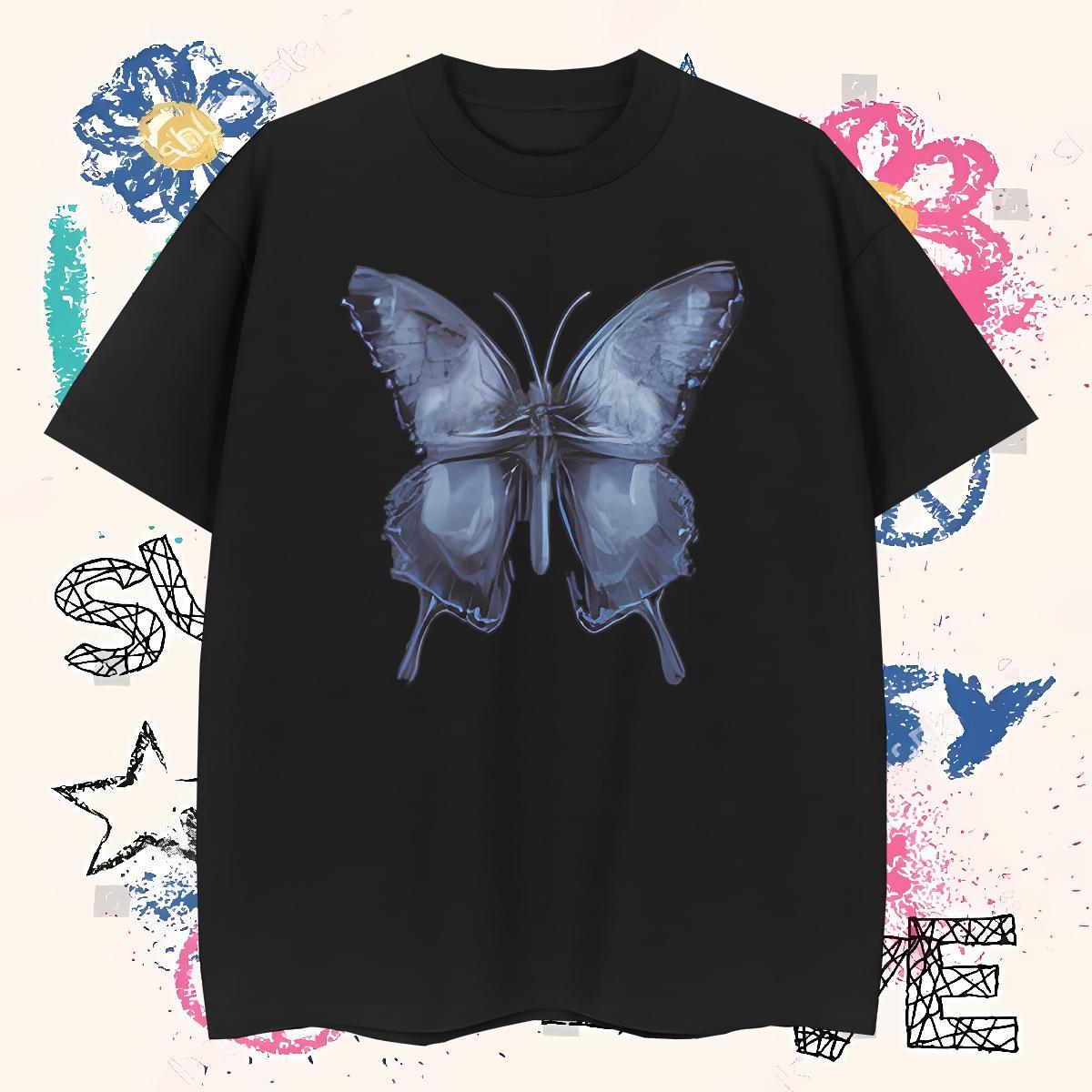 Brand Men Clothes T-Shirt Butterfly Street wear Hip Hop 230g Cotton Top Tees O-Neck Short Sleeve High Quality T Shirts Men Cartoon Printing L-4XL