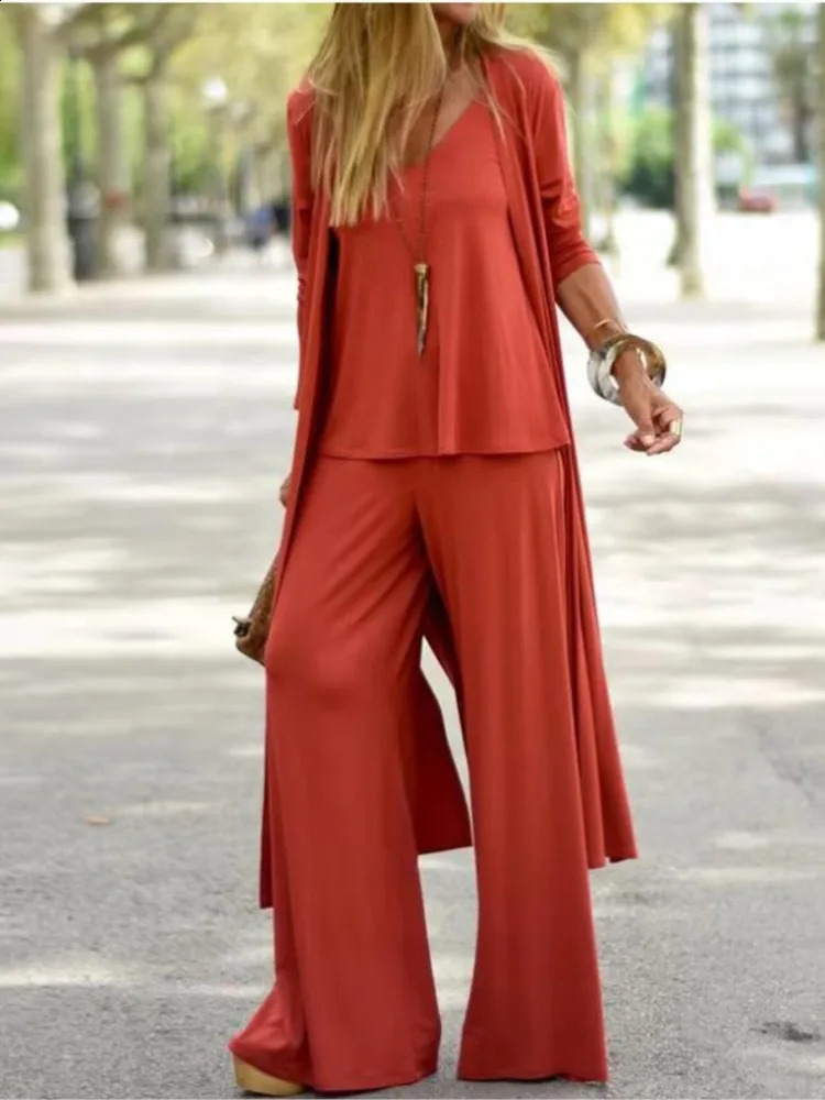 Spring Autumn Women Casual Loose 3 Piece Set Fashion V-neck Halters Straight Pants Long Cardigan Female Solid Color Suit 240819