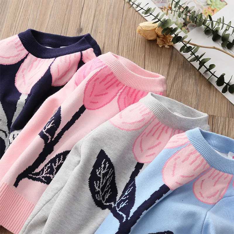 2023 Autumn Winter 3 4 5 6 8 10 Years Kids Children O-Neck Long Sleeve Big Flower Floral Baby Girl Knitted Pullover SweaterXJ240819