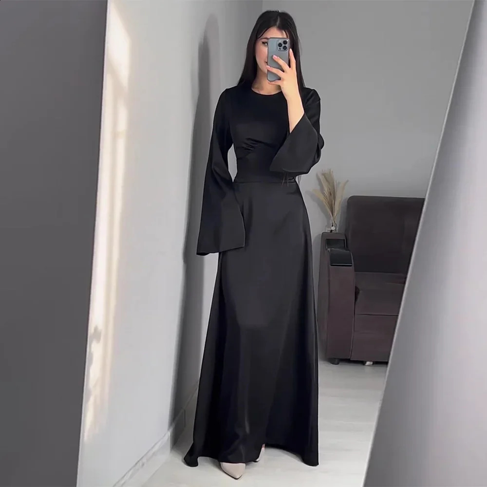 Women Satin Long Dresses Sexy Lace Up Slim Evening Dresses Simple Round Neck Flare Sleeve Birthday Party Dresses For Women 240823