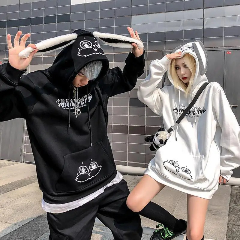 Couples sweatshirt mens wool Sudaderas Y2k long sleeved oversized zipper rabbit ear mask top womens Kawaii hip-hop street 240820