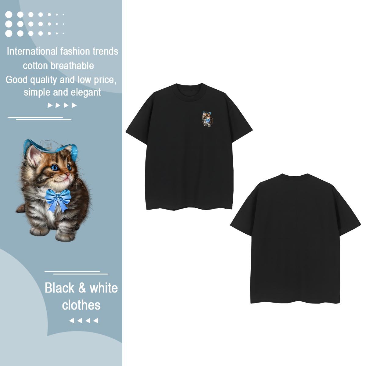 Casual New Couples T Shirts cat Street 230g Pure Cotton Wear Breathable Crew Neck Free Shipping T Shirts Men Black Oversized
