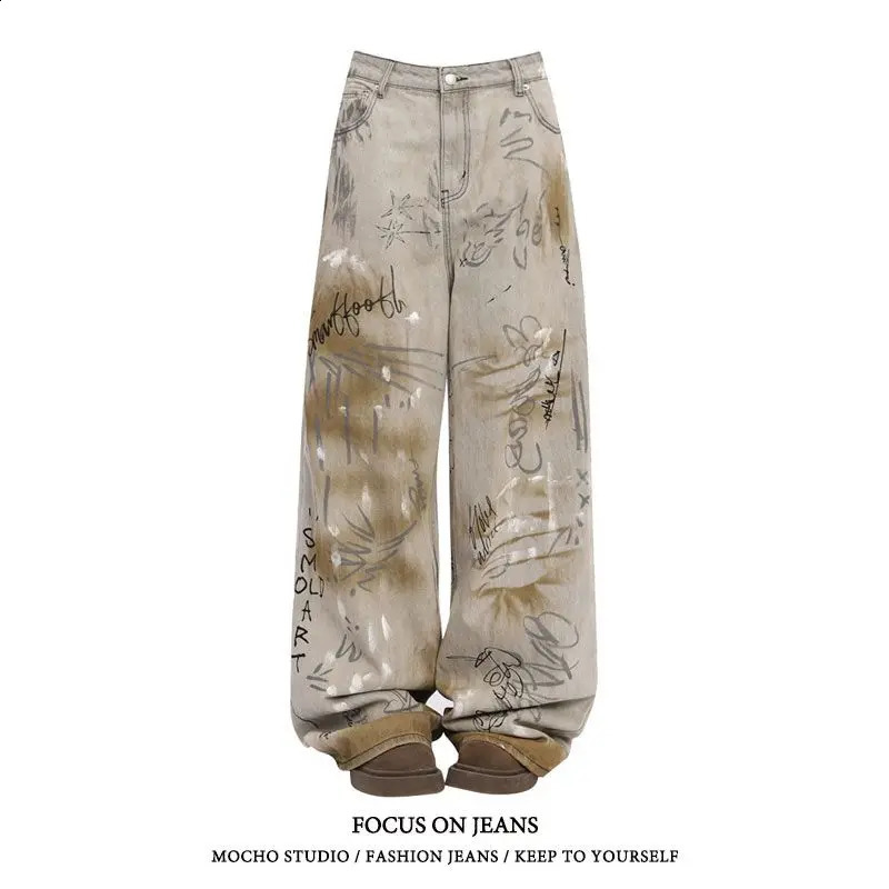 American style trendy men and women retro hip-hop personality graffiti straight leg jeans street loose wide leg casual pants 240819