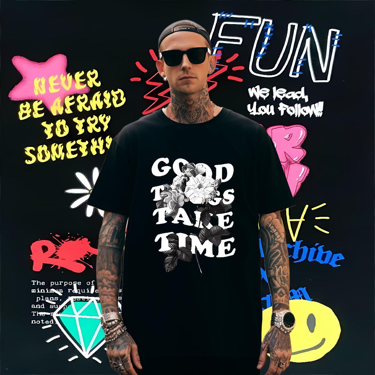 T Shirt For Man 230g Pure Cotton flower Spring Summer Crew Neck Plus Size Custom Tshirts Free Shipping Soft Wear