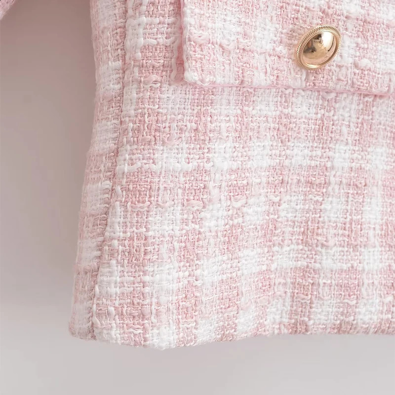 Womens Jacket Autumn Vintage Tweed Blazers Coats Fashion Single-breast Pink Plaid Suit Female in Outerwears Clothing Top 240819