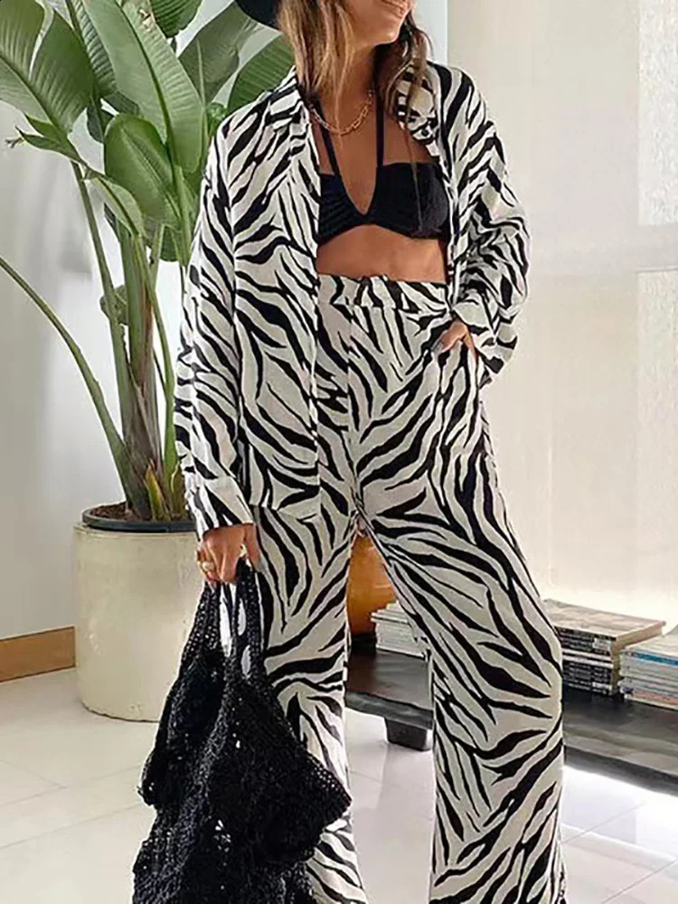 Women Printed Full Sleeve Long Cardigan Top Outfit Spring Autumn Turn-Down Collar Button Ladies Matching Set Wide Leg Pants Suit 240819