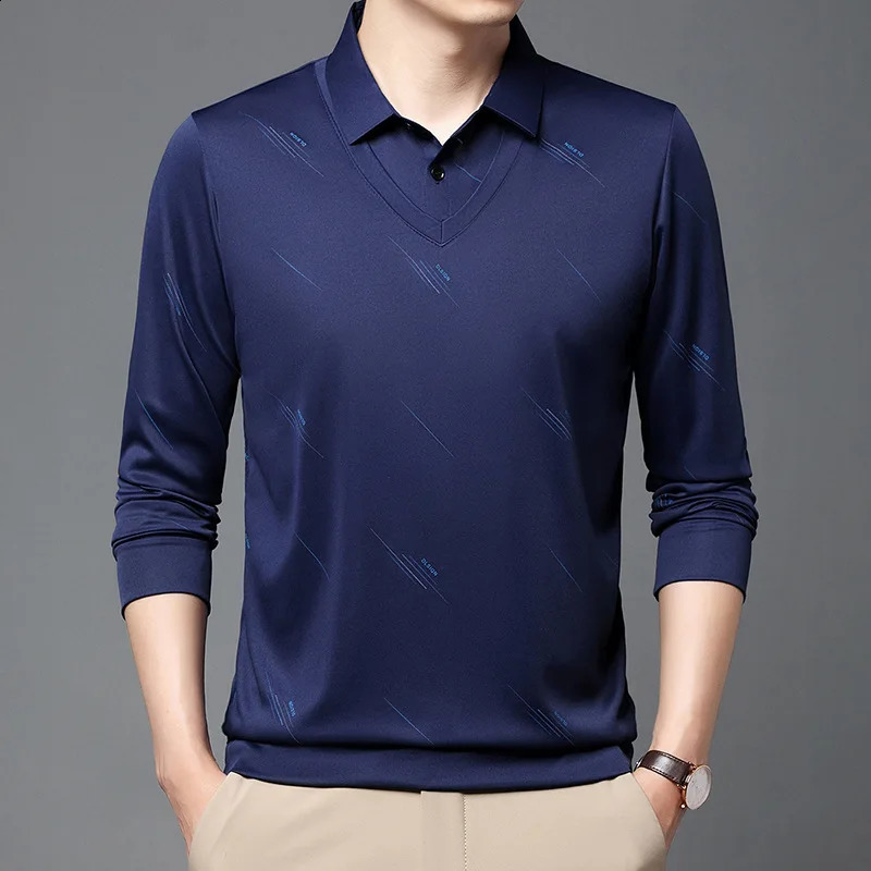 Spring and Autumn Mens Pullover Lapel Button Solid Letter Print Long Sleeve Tee T-shirt Polo Bottom Fashion Casual Formal Tops 240820
