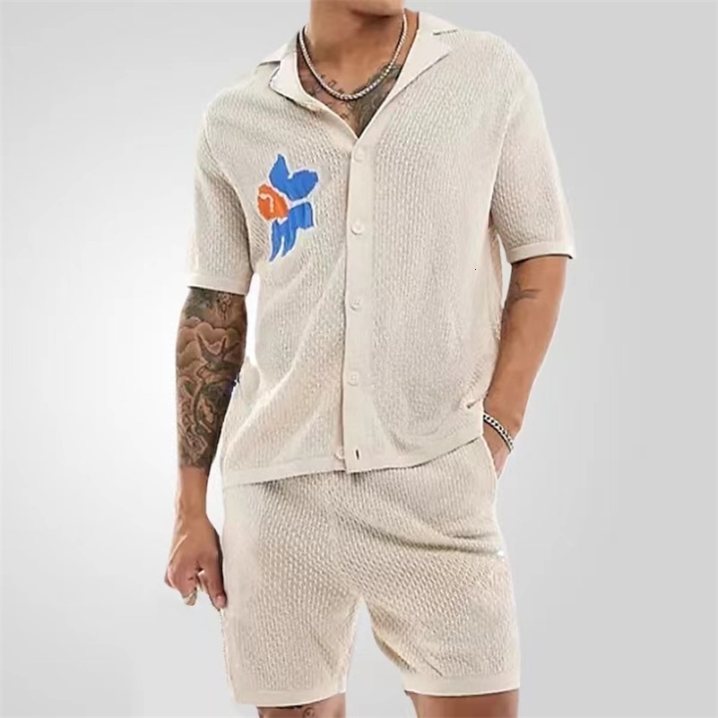 Fashion Men Knit Suits Polo Shirts Cardigan Shorts Two Piece Sets For Men Clothes Jacquard Print Casual Fashion Sweater Outfit 240819