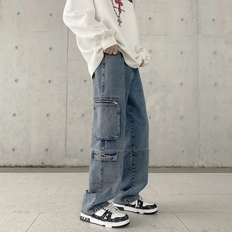 American style multi pocket jeans mens straight loose fashion personalized workwear pants all season non elastic 240819