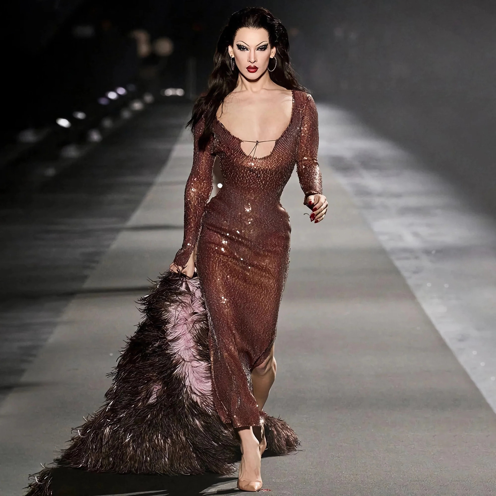 Long Dress Women Elegant Sexy Deep V Sequins Maxi Dress Bandage Long Sleeves Ankle Length Party Dresses for Woman Evening Dress 240819