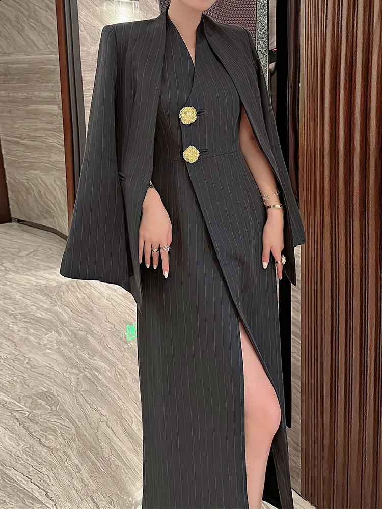 BJTZ Womens 2piece Fashion Stripe Set Jacket Vneck Sleeveless Single Chest Seam Dress Spring Clothing 240819