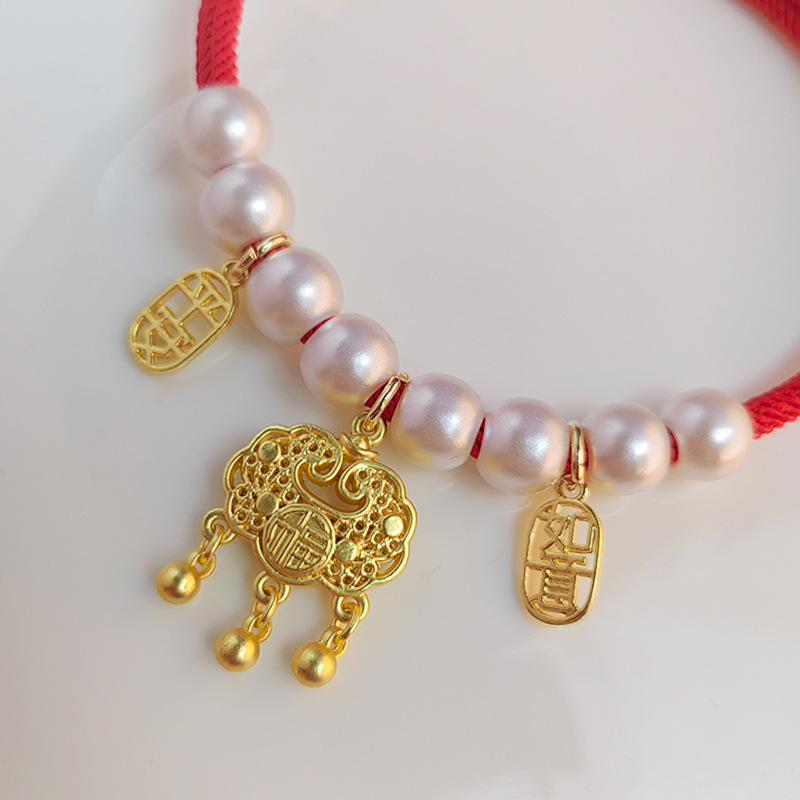 New Cat Collar Long Life Rich Lock Chinese Style Pet Gold Lock Cat Accessory Pearl Necklace Baby Cat Chain
