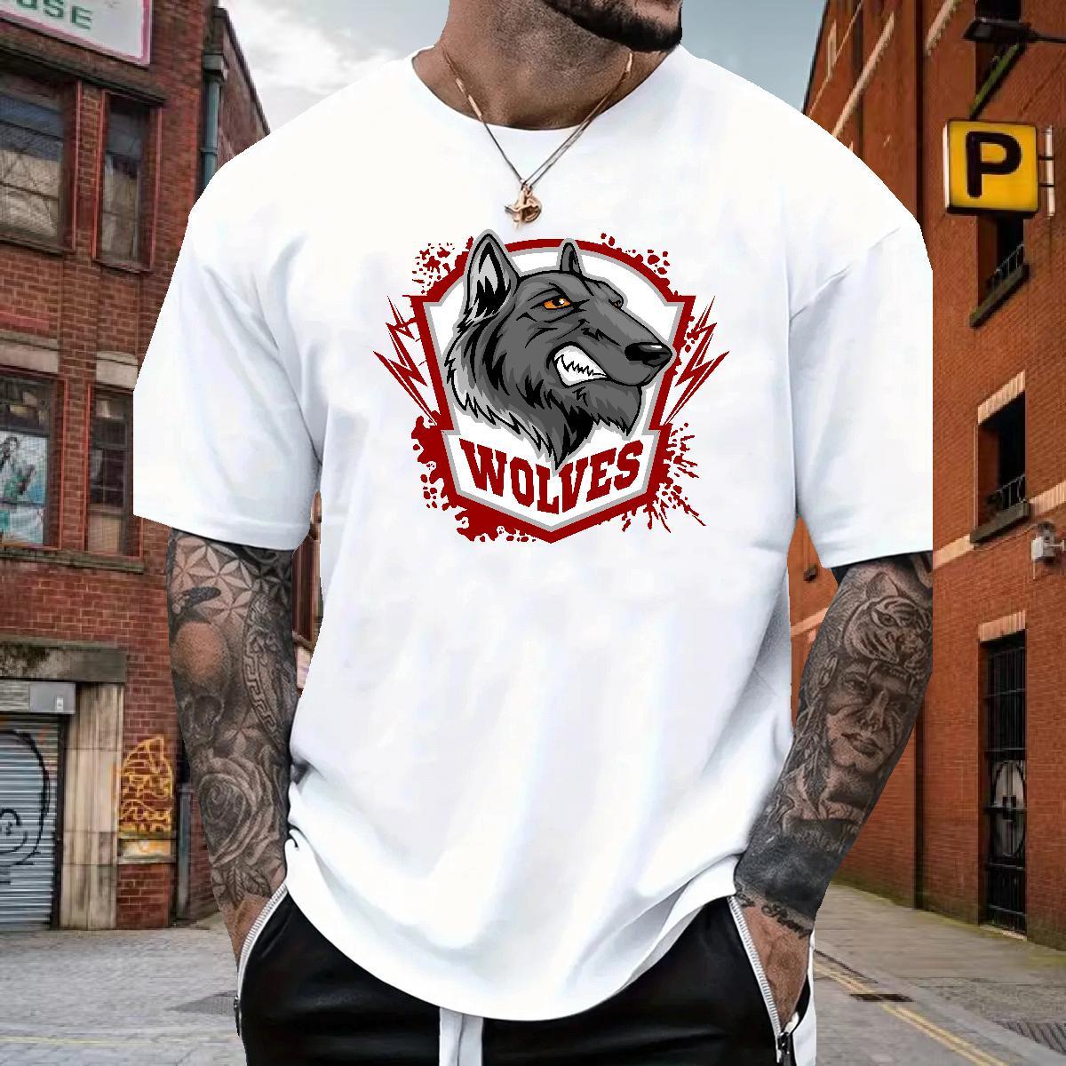 Loose Fit T Shirt For Man wolf Short Sleeve O-Neck Beach Cartoon Print 230g 100% Cotton Tshirts Stylist Polos