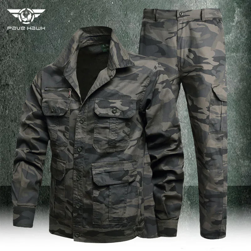 Summer Camouflage Suit Mens Thin Hunting Shirts Jacket and Cargo Trousers Tactical Working Cotton Breathable Multi-Pocket Suit 240819