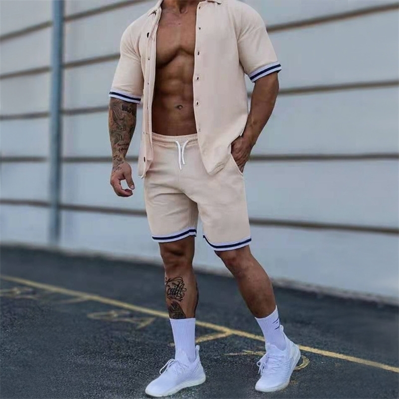 2024 Mens Summer Polo Cardigan Solid Short Sleeve Shorts Two Piece Casual Set 240819