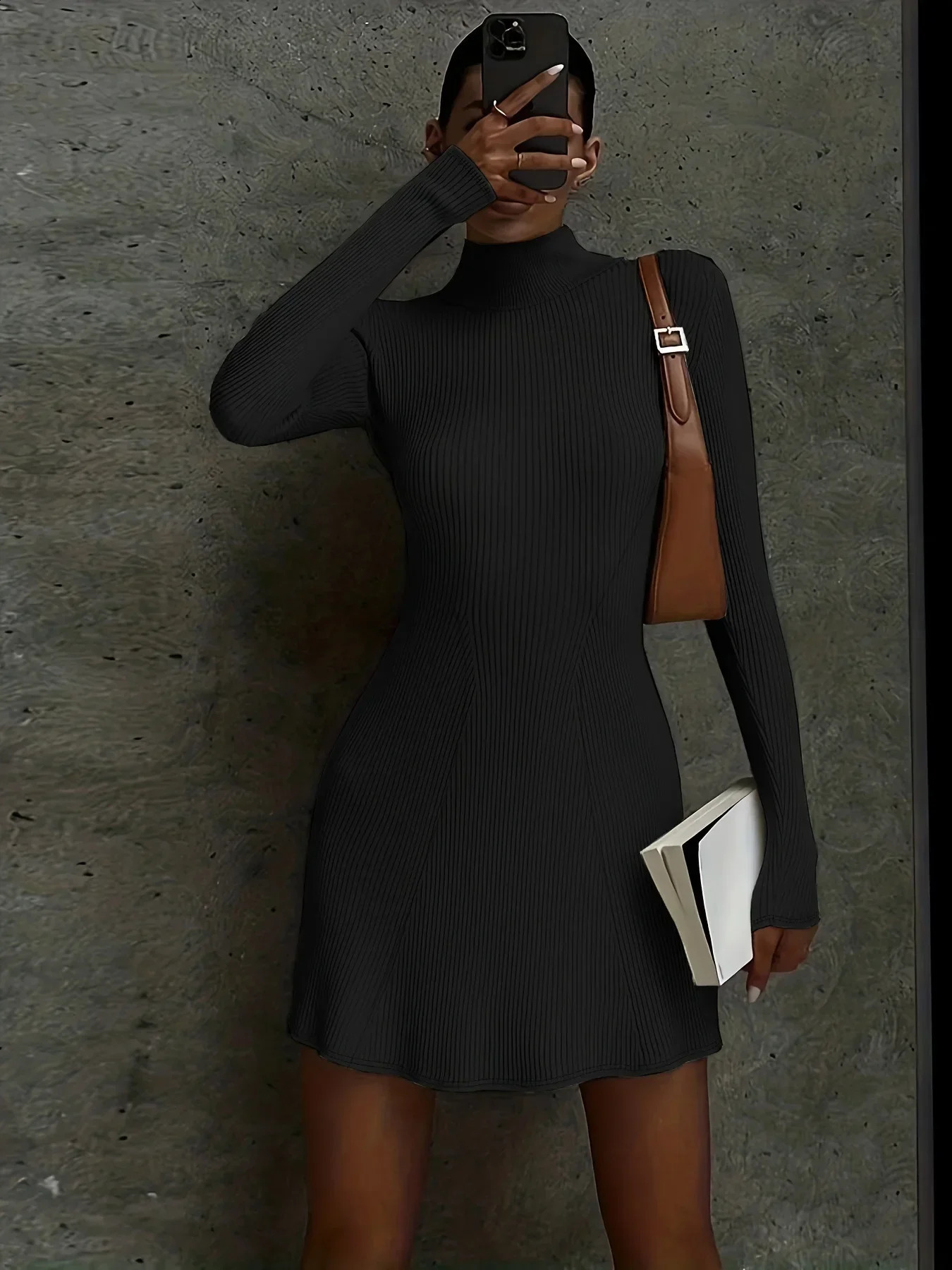 Womens XS-2XL size autumn and winter slimming long sleeved knitted dress for women solid color slim fit European and 240819