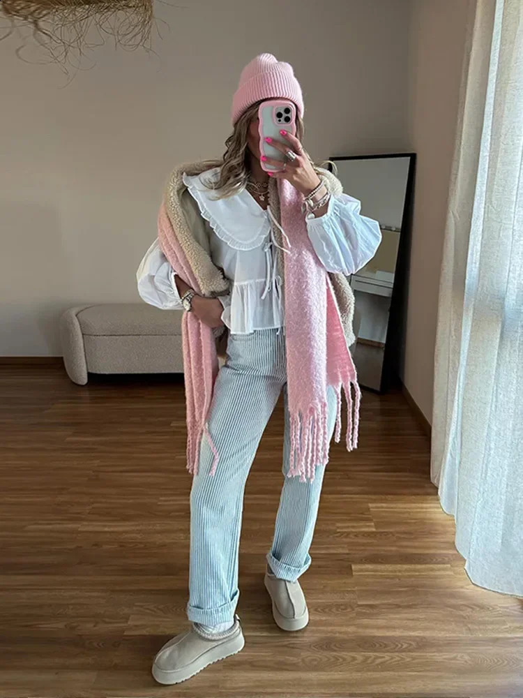 Fashion collar doll womens shirt spring fashion lantern long sleeved lace top cut 240819