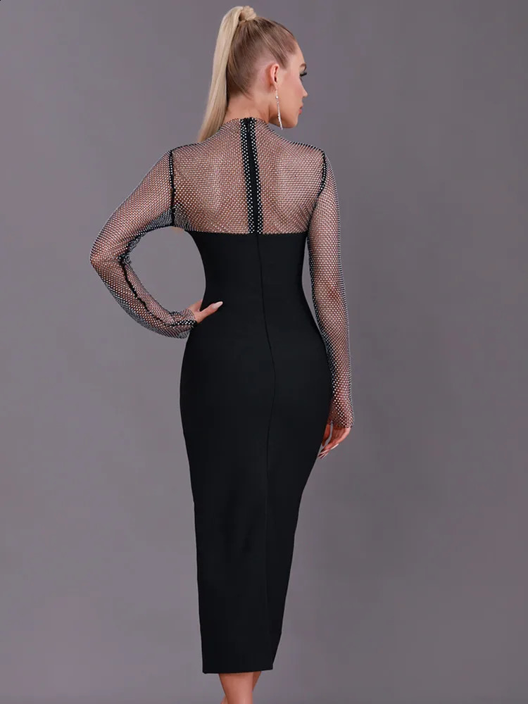 Women Winter Sexy Long Sleeve Diamonds Sparkly Black Midi Bodycon Bandage Dress Elegant Evening Celebrity Party Club Dress 240819