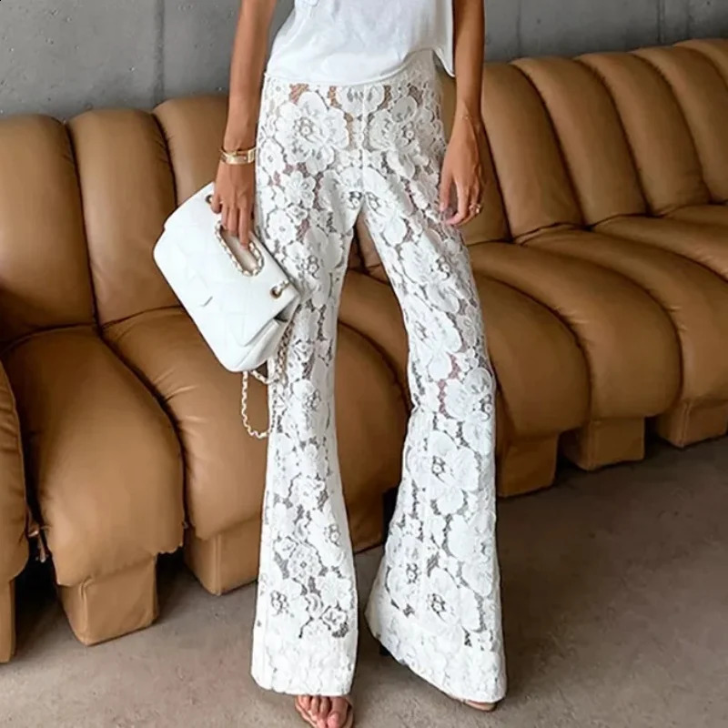 Women Sheer Lace Wide Leg Pants Y2k Floral Party Club High Waist Long Trousers Female Flare Pants Street Wear White Yuqung 240819