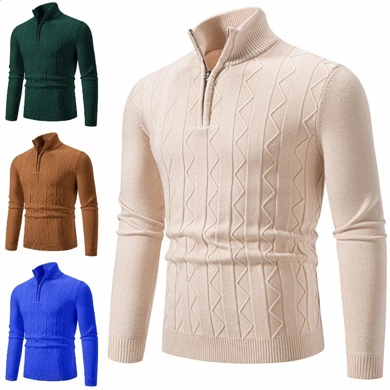 Knitted Sweater Mens Solid Color Warm Zipper Collar Fashionable Ultra Thin Fit Micro Elastic Pulling Sea Turtle Neck Harajuku 240819