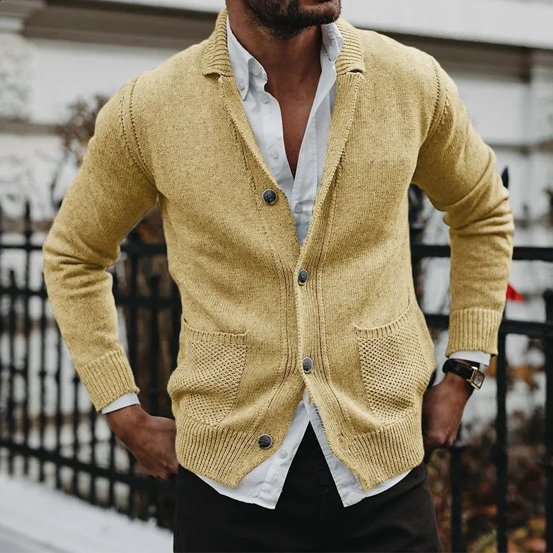 European and American mens autumn winter wool sweater solid color Vneck long sleeved pocket knitted 240819