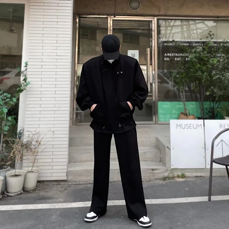 Spring Autumn Set Korean Stand-up Collar Loose Cardigan Jacket Straight-leg Wide-leg Casual Sweatpant Outdoor Unisex Sports Suit 240819
