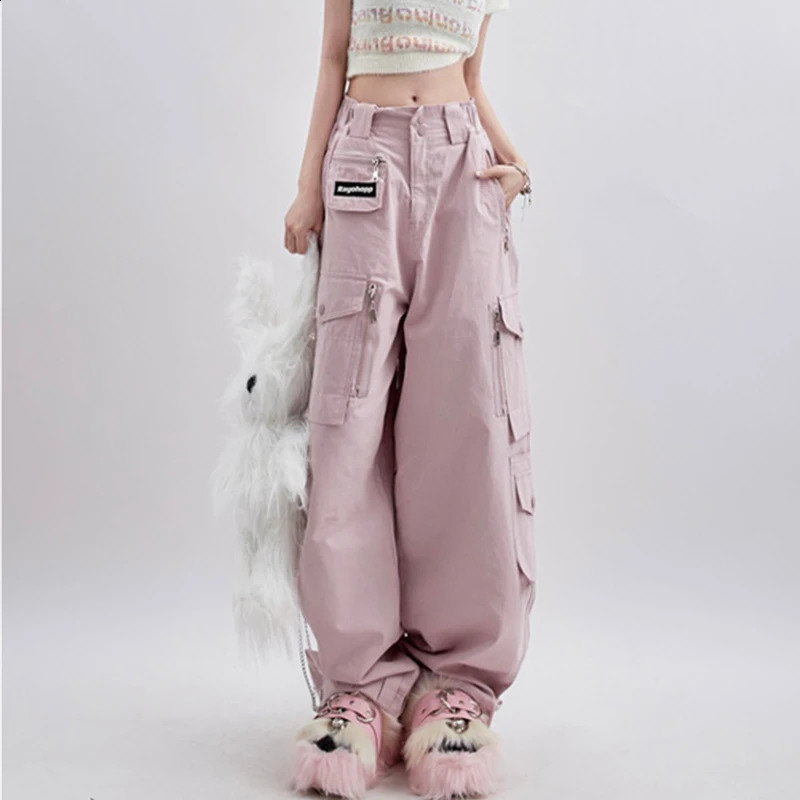 Womens Pink Cargo Vintage Harajuku Y2k Aesthetic Loose Parachute Pants Oversize High Waist Baggy Trousers 2000s Clothes Z260314