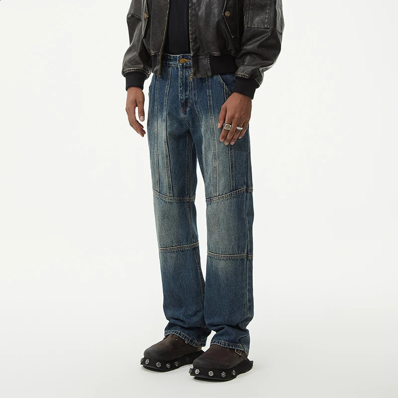 Y2K Streetwear American retro trend mens jeans personalized splicing loose straight pants 240819