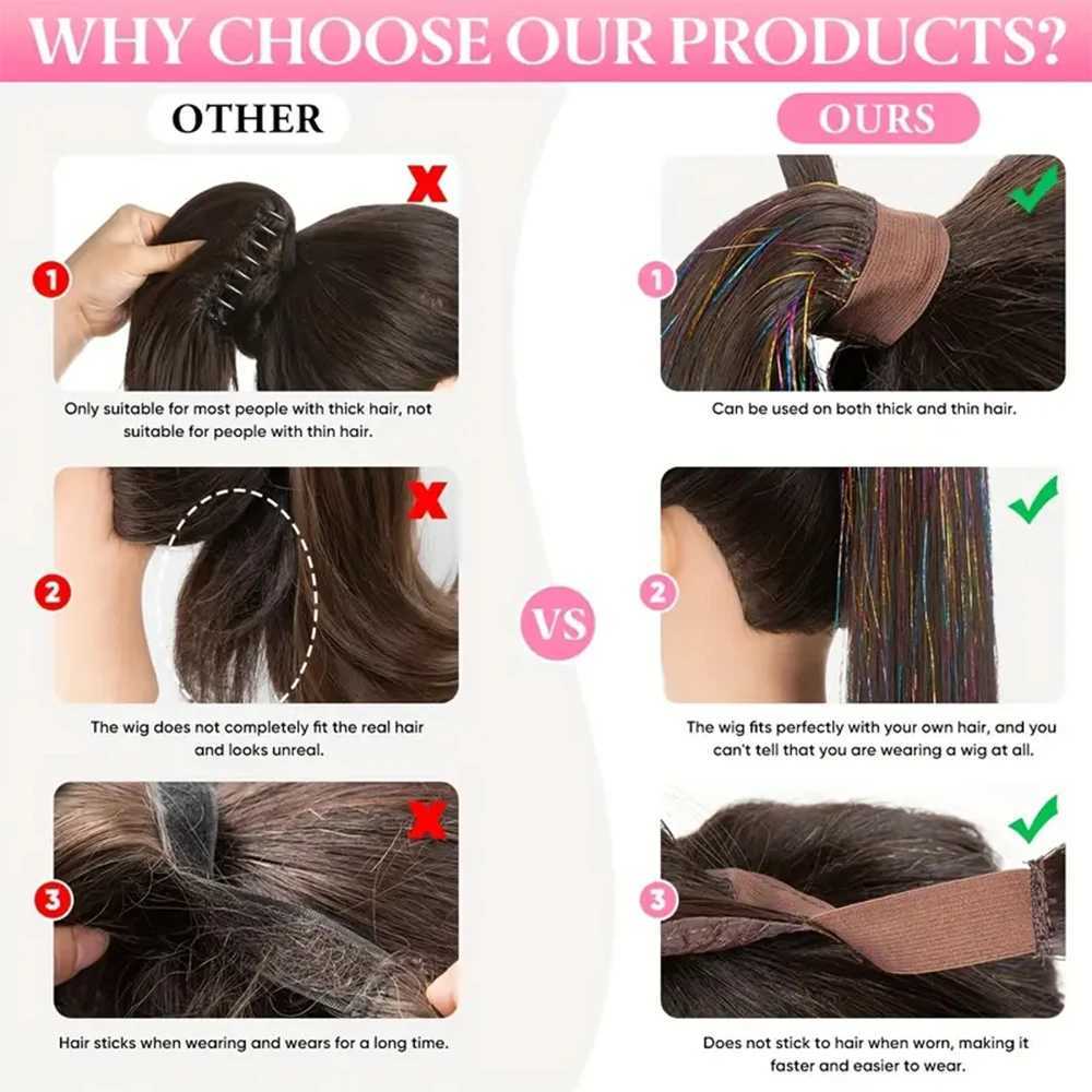 22 inch long and straight hair sparkling Tinsel ponytail wig extends around synthetic fiber hair suitable for women to use W240817